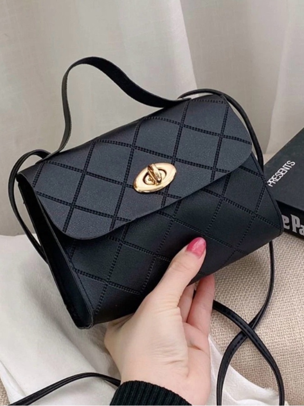 New Small Black Quilted Faux Leather Crossbody Bag Gold Turn Lock Purse